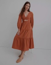 Madewell Cutout Cotton Crepe Midi Dress Balloon Sleeve Rust Orange Brown 12