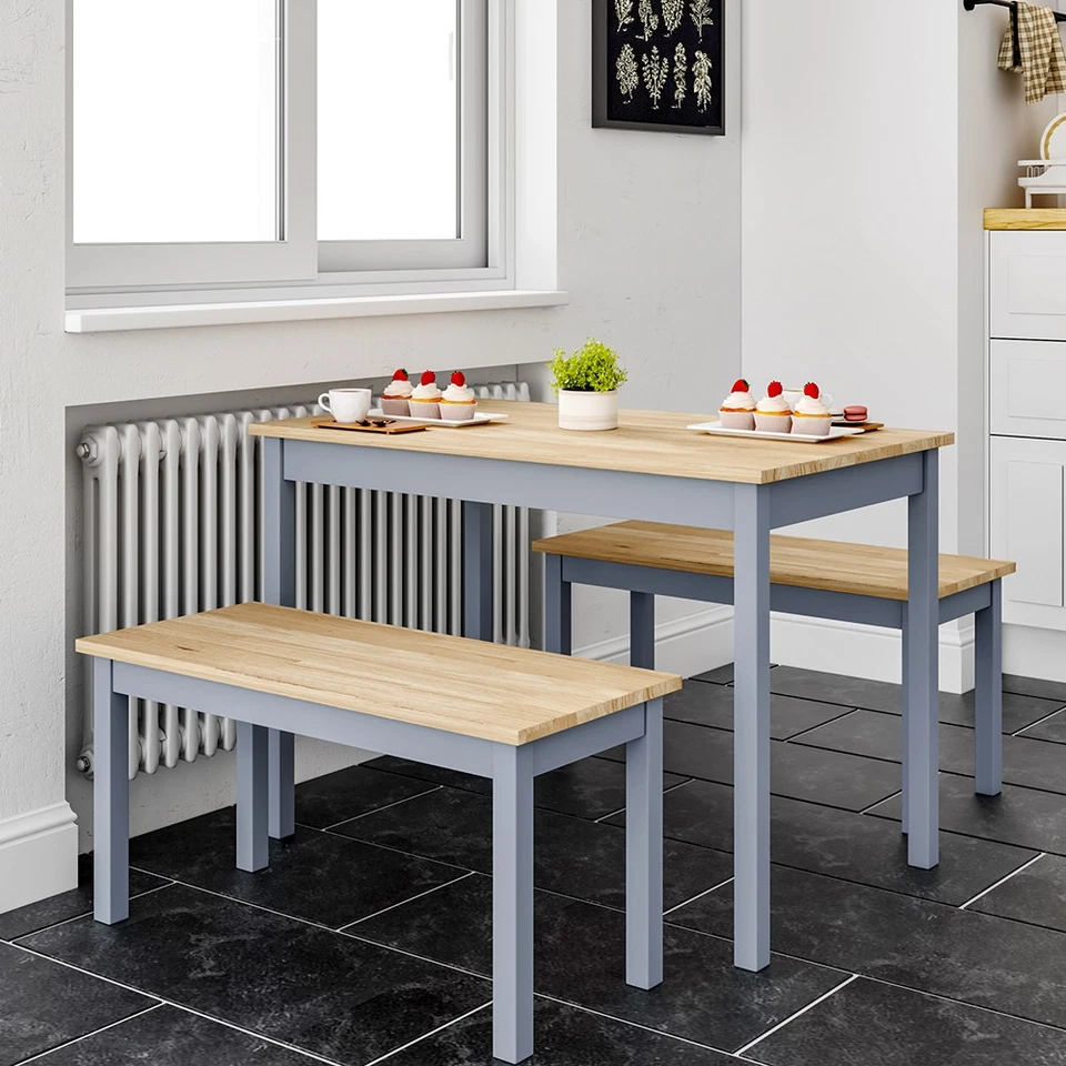 Set of 3 Modern Wooden Dining Table with 2 Benches Grey Kitchen Furniture - Image 2 of 4