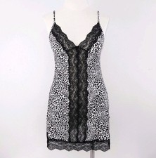 Victoria's Secret Chemise Slip Dress SMALL Black Lace Leopard Mini Nightgown