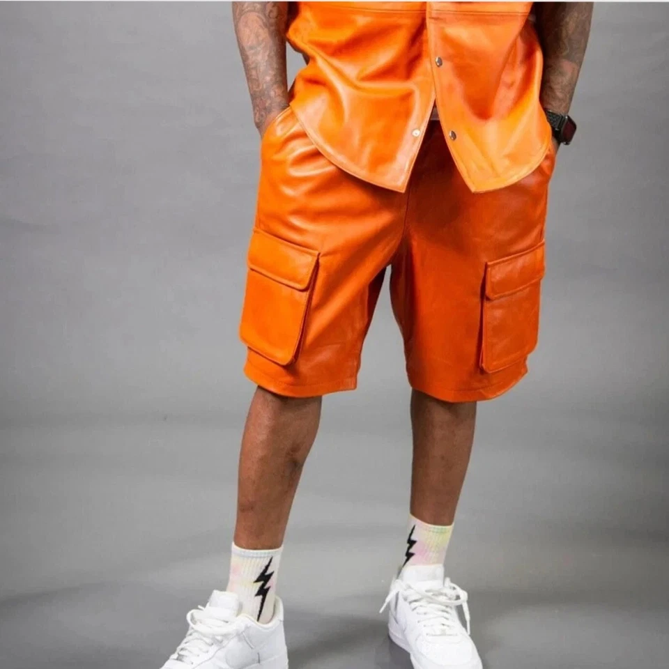 Nouveau short en cuir orange cargo pour hommes | Short de motard en cuir de m... - Photo 1/4