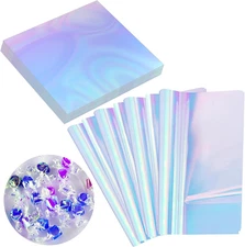 Prudiut 150 Pieces Iridescent Cellophane Sheets Blue Holographic Cellophane Wrap