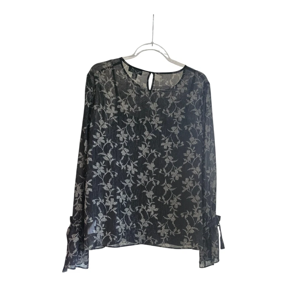 Lord & Taylor Womens L Blouse Black Floral Sheer Overlay Camisole Lined Shimmery - Image 2 of 4