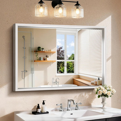 30''X42'' Brushed Silver Mirror with Chunky Box Metal Frame, Bathroom Mirror for V