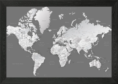 Gradient grey world map Framed Wall Art Poster Canvas Print Picture