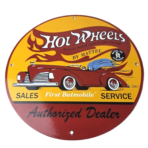 Vintage Hot Wheels Sign - Mattel Batman Die Cast Cars Porcelain Gas Pump Sign