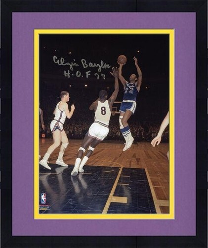 Framed Elgin Baylor Los Angeles Lakers Signed 8 x 10 Shooting Photo w/HOF Insc
