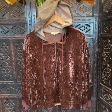 BohoCrushed Velvet Hoodie Womens M Half Zip Terry Cloth Hood Lounge Wine Layer