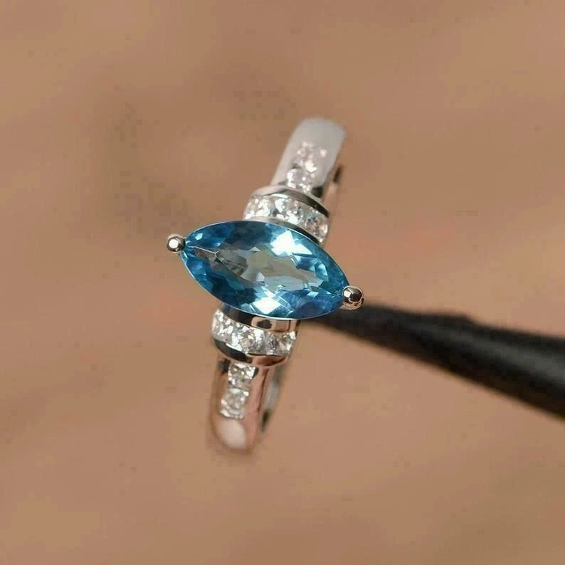 2.20Ct Marquise Cut Blue Topaz Women's Engagement Ring 14k White Gold Plated - Image 2 of 4