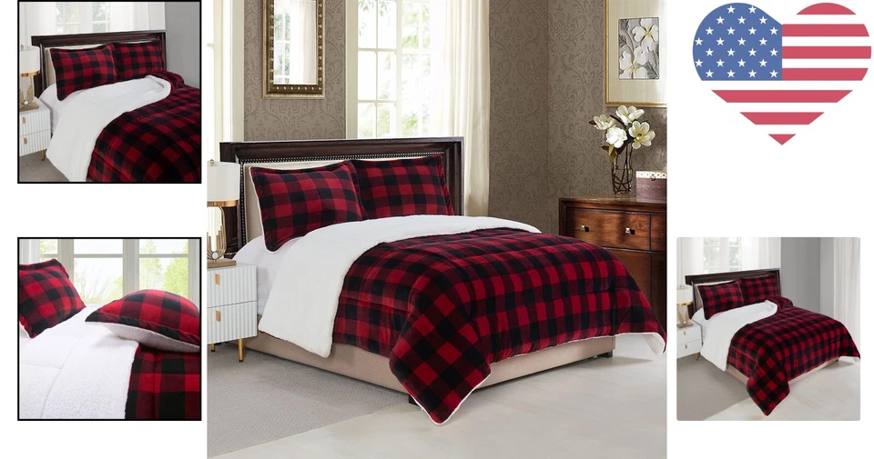 Premium Heavyweight King Size Comforter Set - Buffalo Plaid, Burgundy/Black - Image 2 of 4