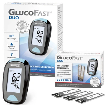 Glucofast Duo Blutzucker-Messsystem mmol/l inkl. 60 Teststreifen und HCT Messung