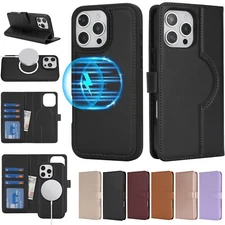 For iPhone 15 16 Pro Max 14 13 Magnetic Mag Safe Leather Wallet Stand Flip Case