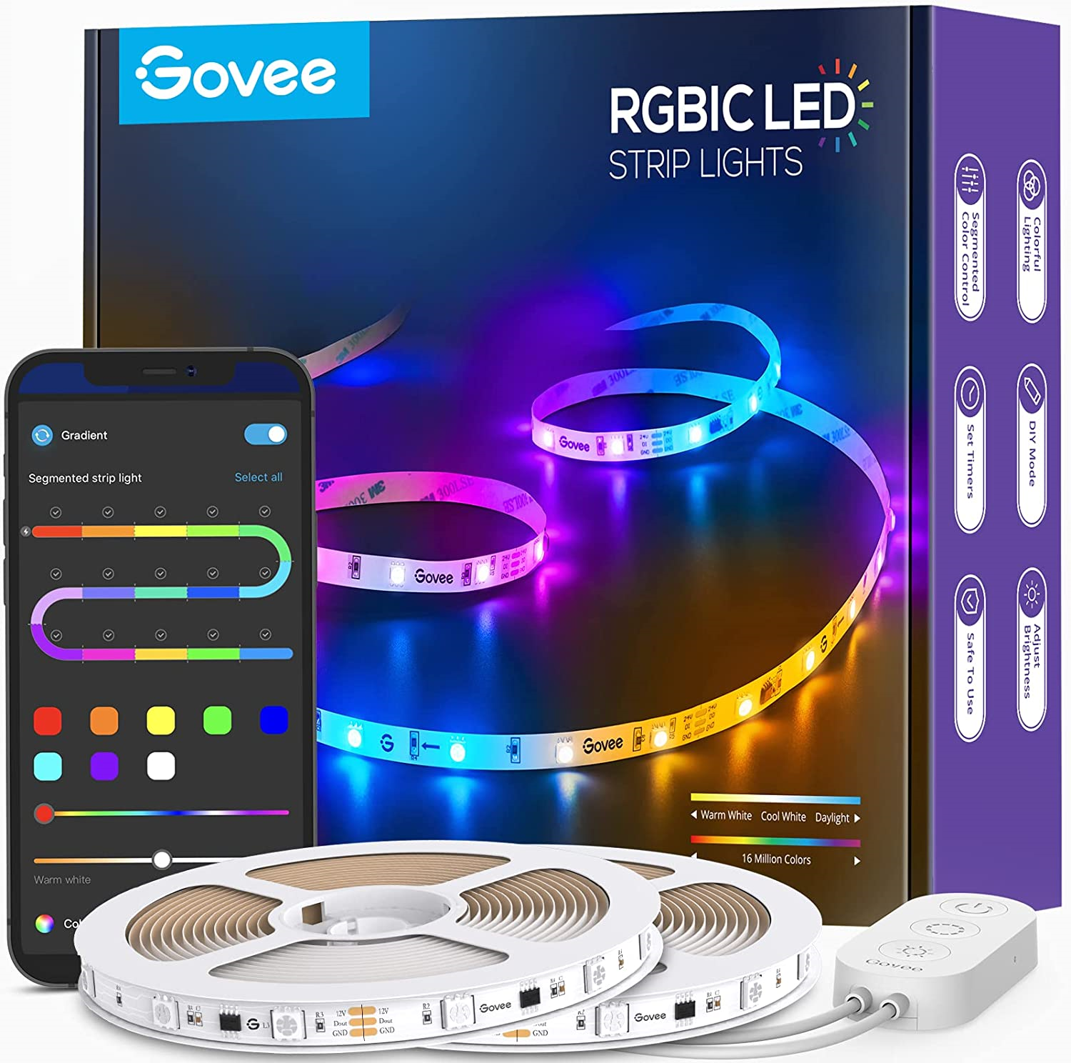 Govee 65.6ft RGBIC LED Strip Lights Color Changing LED Lights via Bluetooth  | eBay