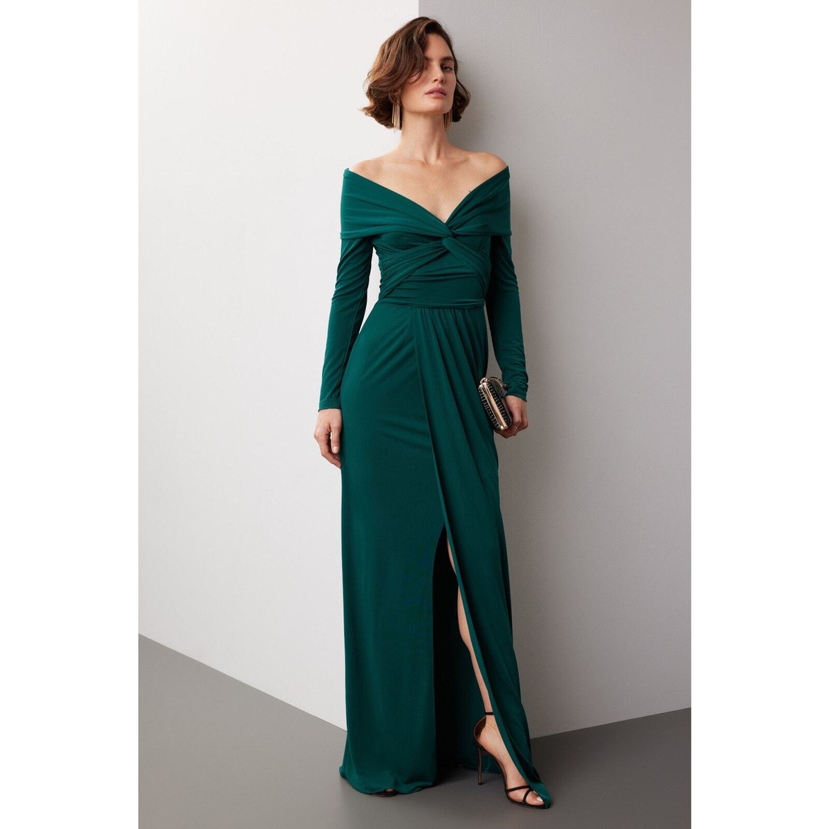 zac posen green dress Wrapped Around Hunter Off Shoulder Long Sleeve Gown Size 2 DEC25WK1