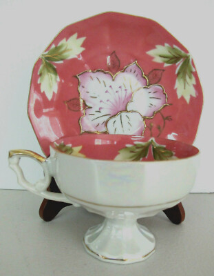Beautiful Vintage Porcelain Salmon Pink Lusterware Footed Tea Cup/Saucer~Orchid