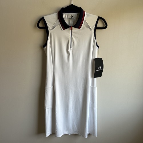 NWT Foray Golf Sleeveless White Blue Red Half Front Zip Pocket Dress Sz S Tall