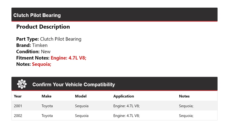 Cojinete piloto embrague Timken para Toyota Sequoia 2001-2002 4,7 L V8 Foto 2 de 4