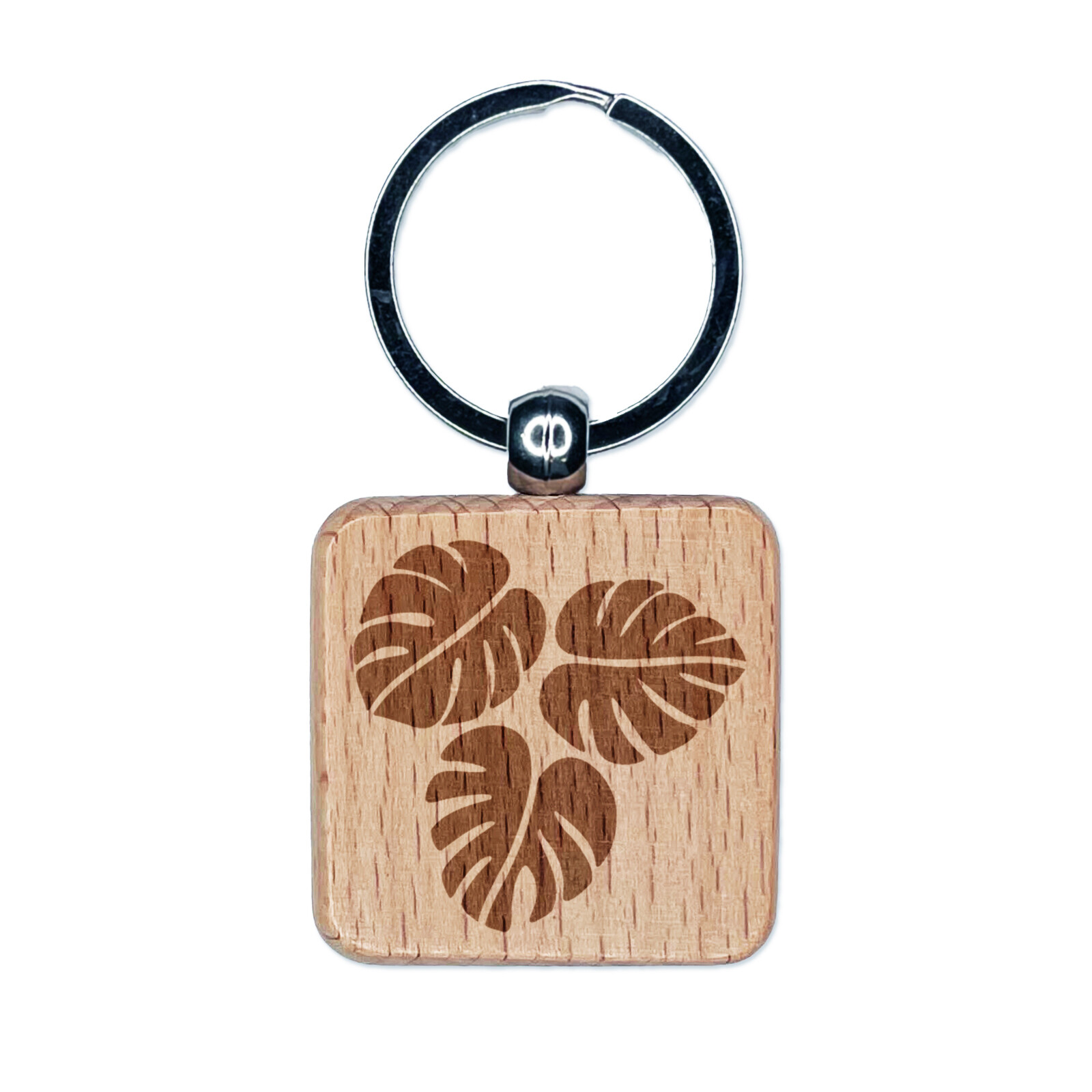 Monstera Leaf Trio Engraved Wooden Square Keychain Charm