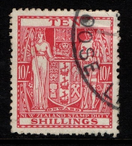 New Zealand 1940 1958 10/- Ten Shillings carmine Fiscal Arms SGF201 Used CDS