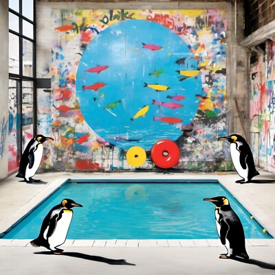 Ms. Buntwäsche Lost Pinguine Street Art80x80 Leinwand Bilder /Pop Art/Graffiti