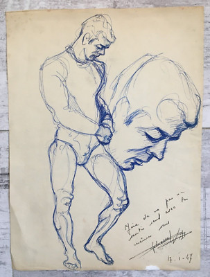 Original Encre Portrait Etude Homme Dédicacée Datée 1947 Signée Dalmasso?