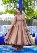 Women Georgette long Beige Colour Anarkali Gown With Dupatta Kurta Kurti Set Gif