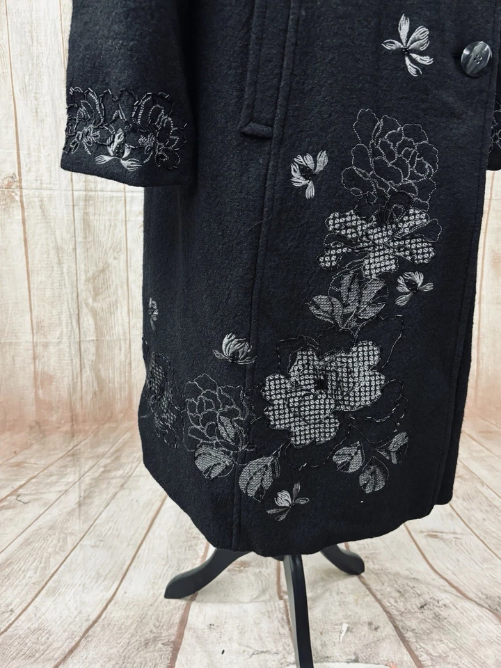 Ann Harvey Black Coat Size 20 Overcoat Boiled Wool Floral Beaded Embroidered NEW - Image 3 of 4