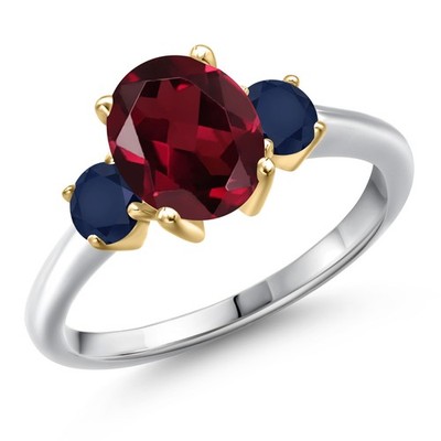 925 Silver and 10K Yellow Gold Rhodolite Garnet and Sapphire Engagement Ring