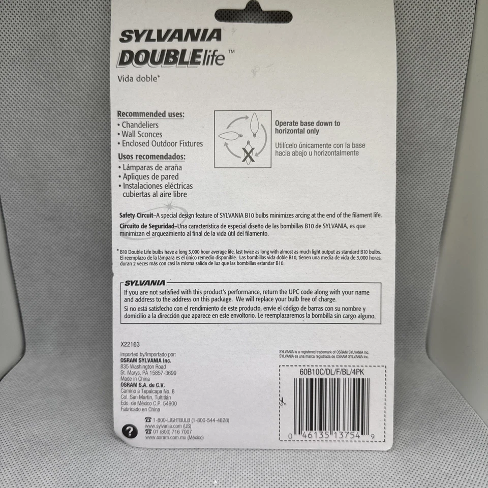 Sylvania Double Life 60W 120V B10 Candelabra Base 4 pack   Sconce,Candelabra,Fan - Image 2 of 2