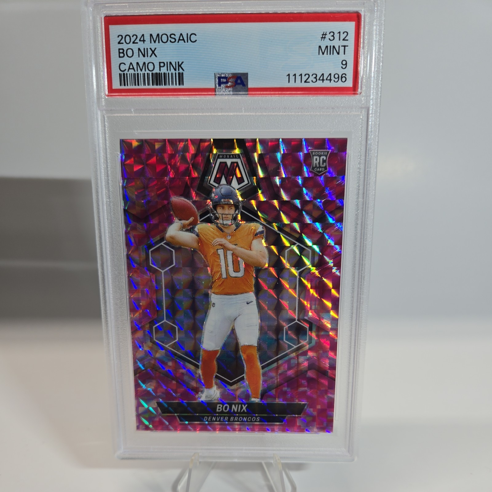 2024 Panini Mosaic Rookies Bo Nix #312 Pink Camo Mosaic Prizm (RC) 🔥 PSA 9 MINT