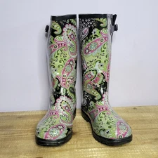 Nomad Paisley Rain Boots - Women's Black Multi-Color Tall Rain Boots Size 9