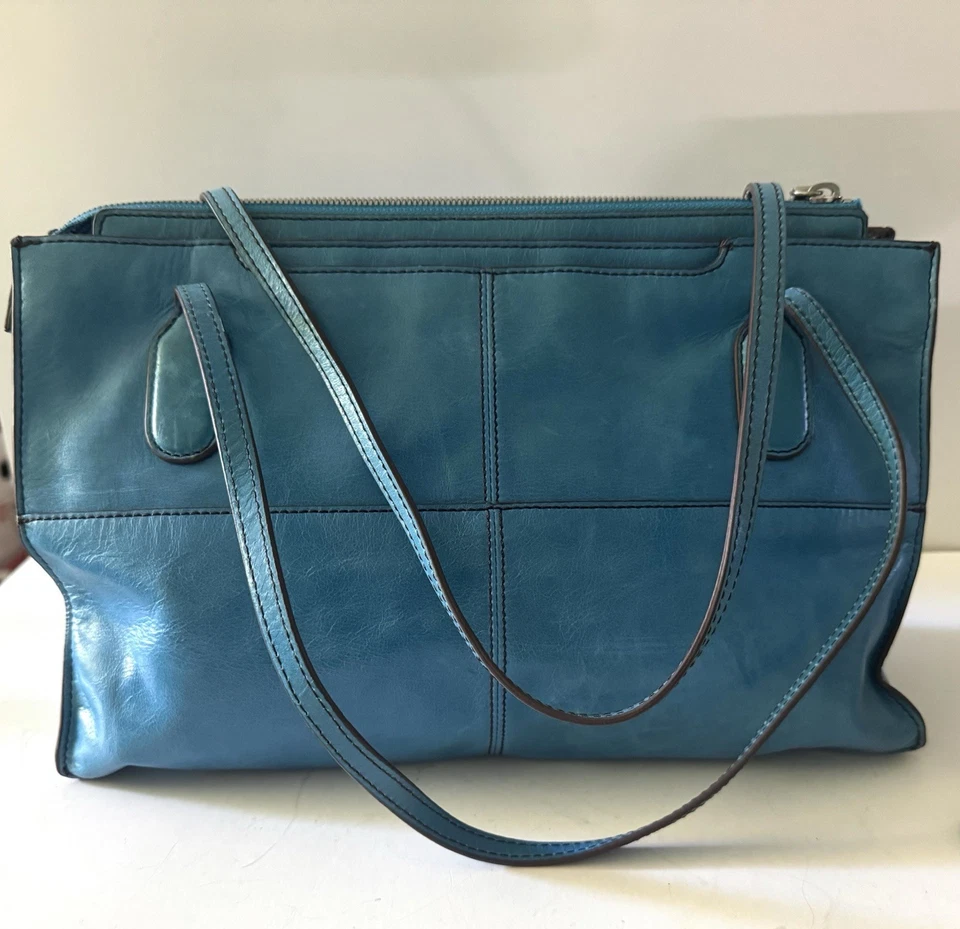 HOBO Vintage Tote Shoulder Handbag Turquoise Leather Double Handle Multi Pocket - Image 3 of 4