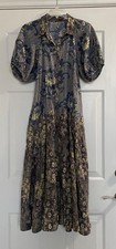 FREE PEOPLE Elena Dress XS Long Button Up Puff Sleeve Mixed Print Pockets