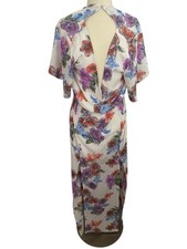 CRYSTAL SKY White Floral Maxi V-Neck Back Cutout Flutter Sleeve Boho Dress Sz 11