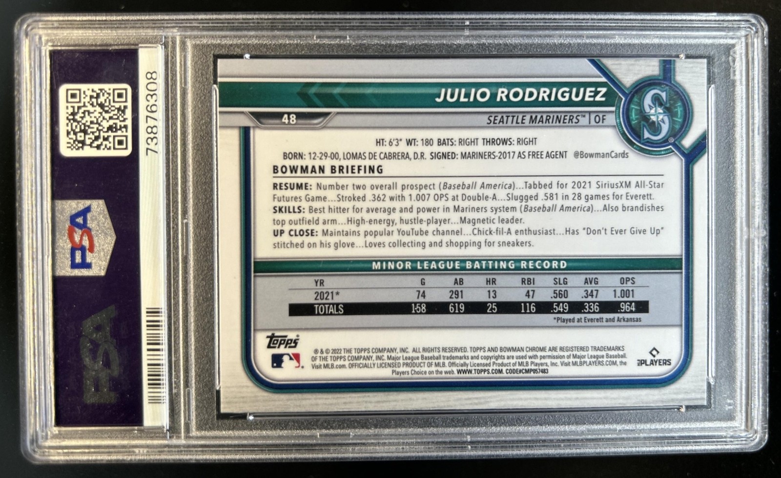 2022 Bowman Chrome Sapphire Julio Rodriguez Rookie RC #48 Mariners PSA 10 view 2