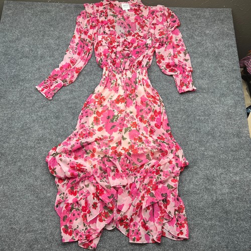 Misa Los Angeles Samantha Floral Chiffon Ruffle V-Neck Midi Dress XS