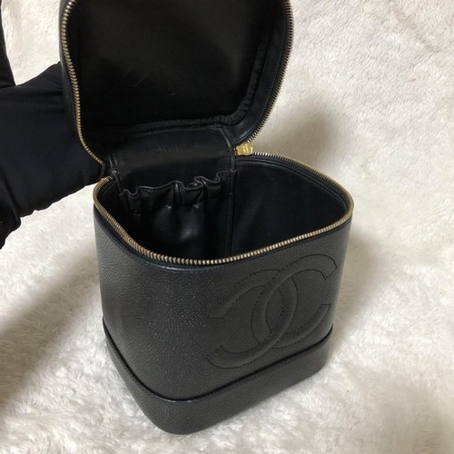 CHANEL Caviar Skin Vertical Vanity Bag Handbag Coco Mark Black makeup pouch - Picture 9 of 12