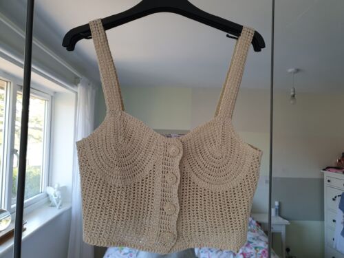 ZARA Beige Crochet Knit Button Through Crop Cami Top , Size S