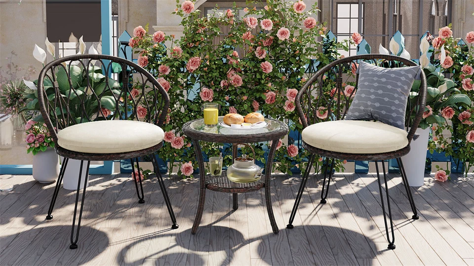 Juego de 2 sillas individuales de ratán para ocio al aire libre con mesa redonda de vidrio para patios Foto 3 de 4