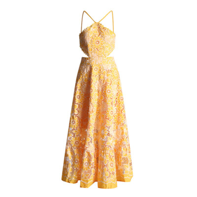 European Style Sexy Holiday Beach Long Dress Womens Halter Cut Out A-line Dress