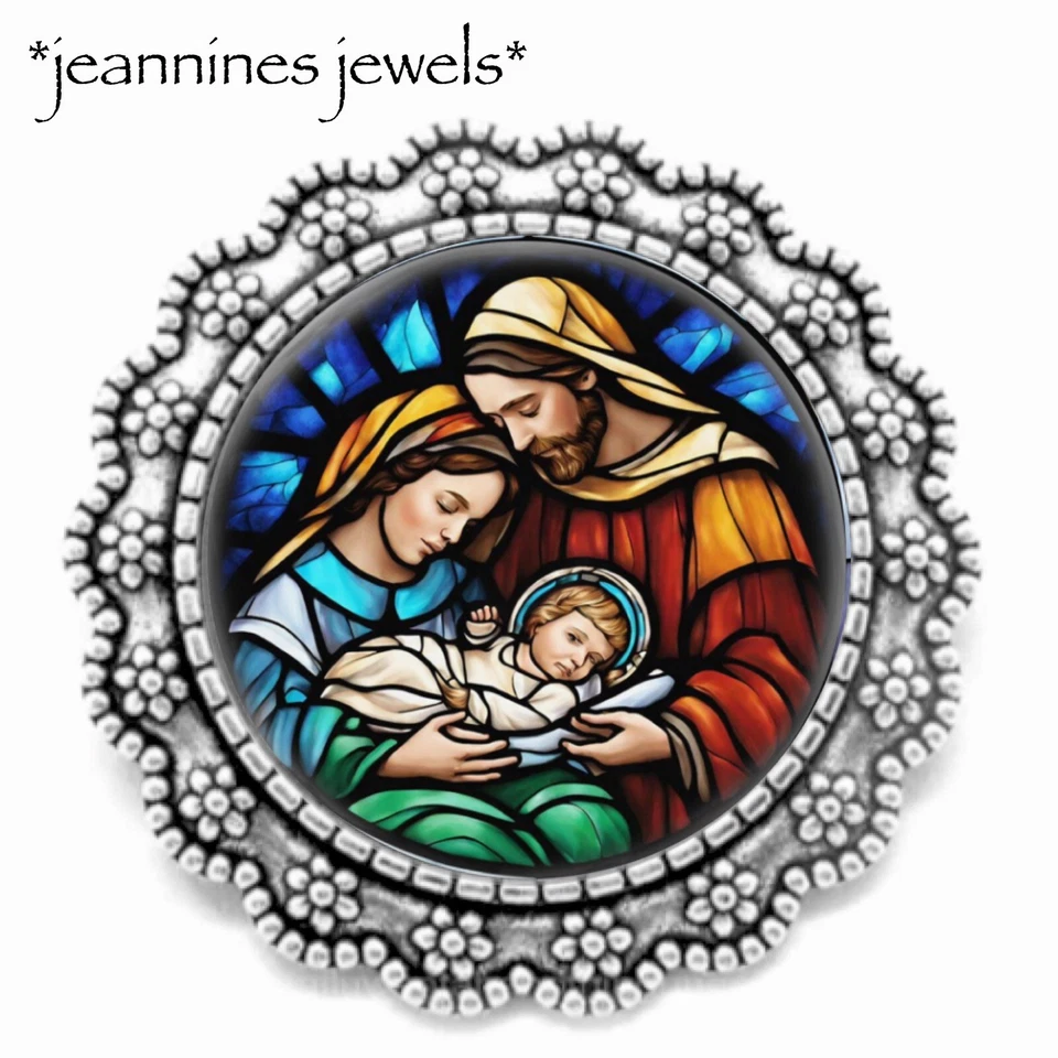 Broche Belén Navidad Imitación Vidrieras IMPRESIÓN ARTÍSTICA Prendedor Plata Regalo Religioso Foto 4 de 4