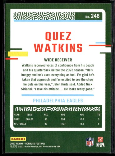 Quez Watkins 2023 Donruss #246 Philadelphia Eagles - Picture 2 of 2