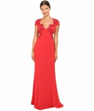 Marchesa Notte Red Crepe Flare Embellished Lace Illusion Dress SZ 10 NWT 1,245