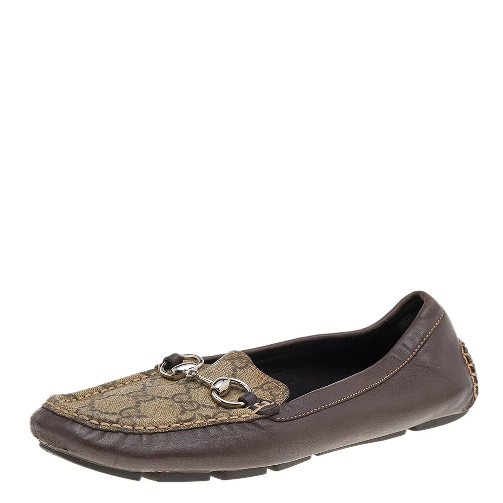 Mocassins à enfiler en toile et cuir Gucci beige/marron GG Supreme