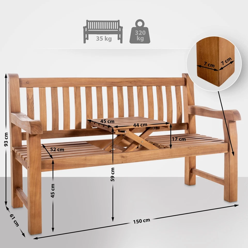 Teakbank Orlando Wetterfeste Gartenbank mit Klapptisch Gartenmöbel Teakholz Bank - Bild 2 von 4
