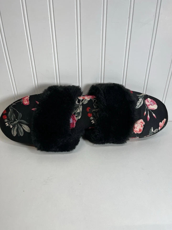 VICTORIA' SECRET Satin Black/Red Floral Bedroom Slippers SizeL 9-10 Faux FurTrim - Image 3 of 4