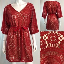 Chelsea & Violet Women's Small Red Lace Belted Stretch Mini Tunic Dress Boho