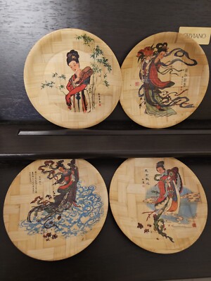 4 Vintage Sammlerstücke Gewebte Bambus Teller Asiatisches Dekor Orientalisch Han Dynastie Kunst Set