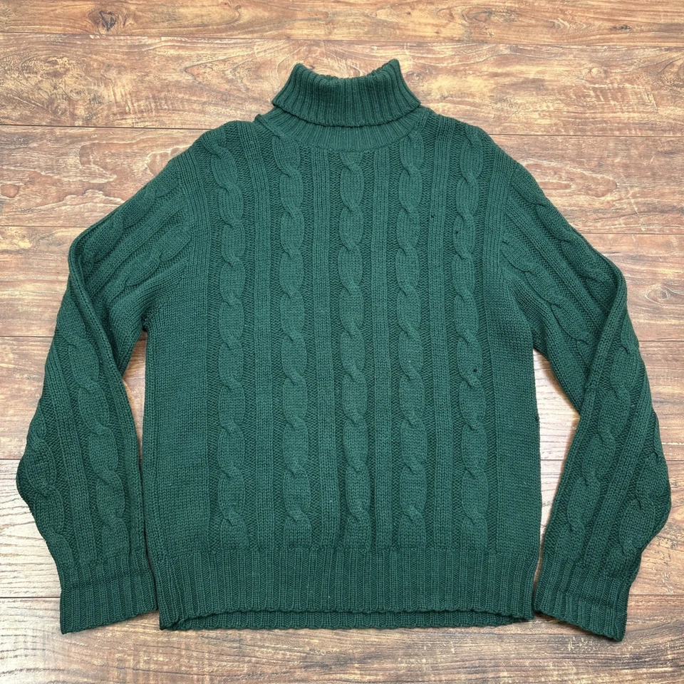 Vtg Pendleton Sweater Men's Medium Green Virgin Wool Fisherman Cable Knit Turtle - Image 3 of 4