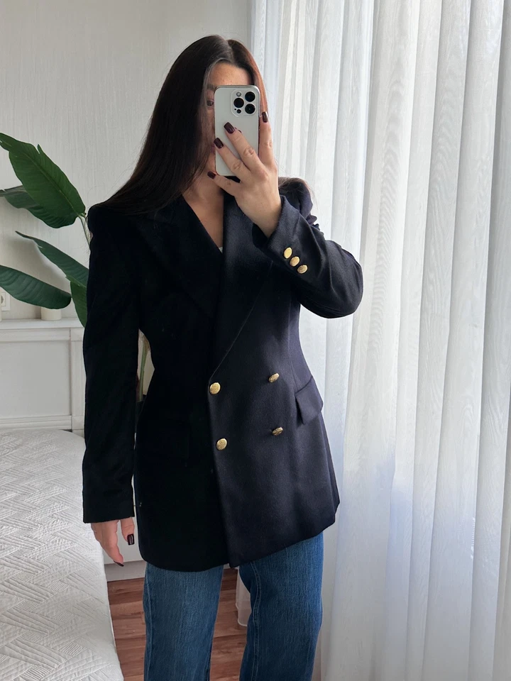 Escada Margaretha Ley Navy Angora Wool Double Breasted Blazer Size 40 - Image 2 of 4