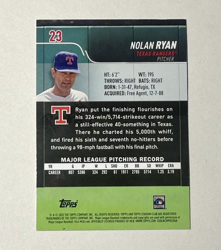 2022 Topps Stadium Club Nolan Ryan #23 Texas Rangers - Bild 2 von 2